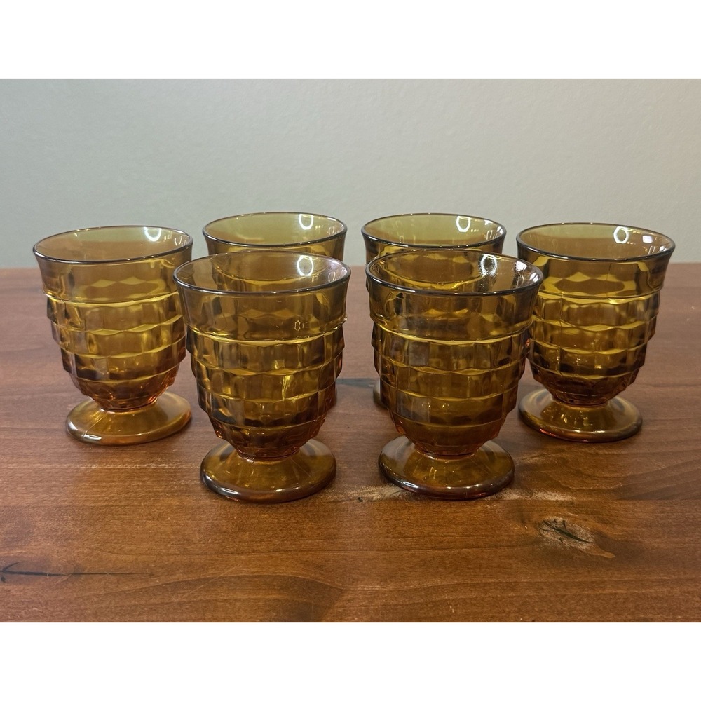 Set of 6 VTG Indiana Glass Whitehall Amber Footed Juice Glasses 4" Cubist MCM